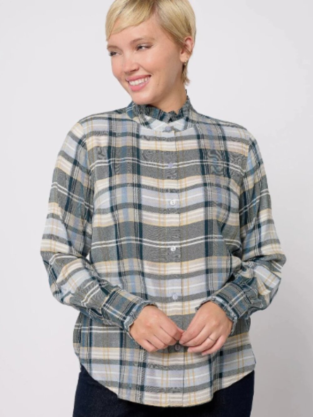 Encore by Idina Menzel Semi-Fitted Plaid Blouse-Denim Multi-Large A614074 NEW